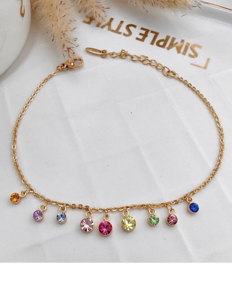 دستبندزنانه طلایی زنجیر ظریف با شرابه های نگین رنگی سواروسکی برند ژوپینگ در نوروژ اکسسوری