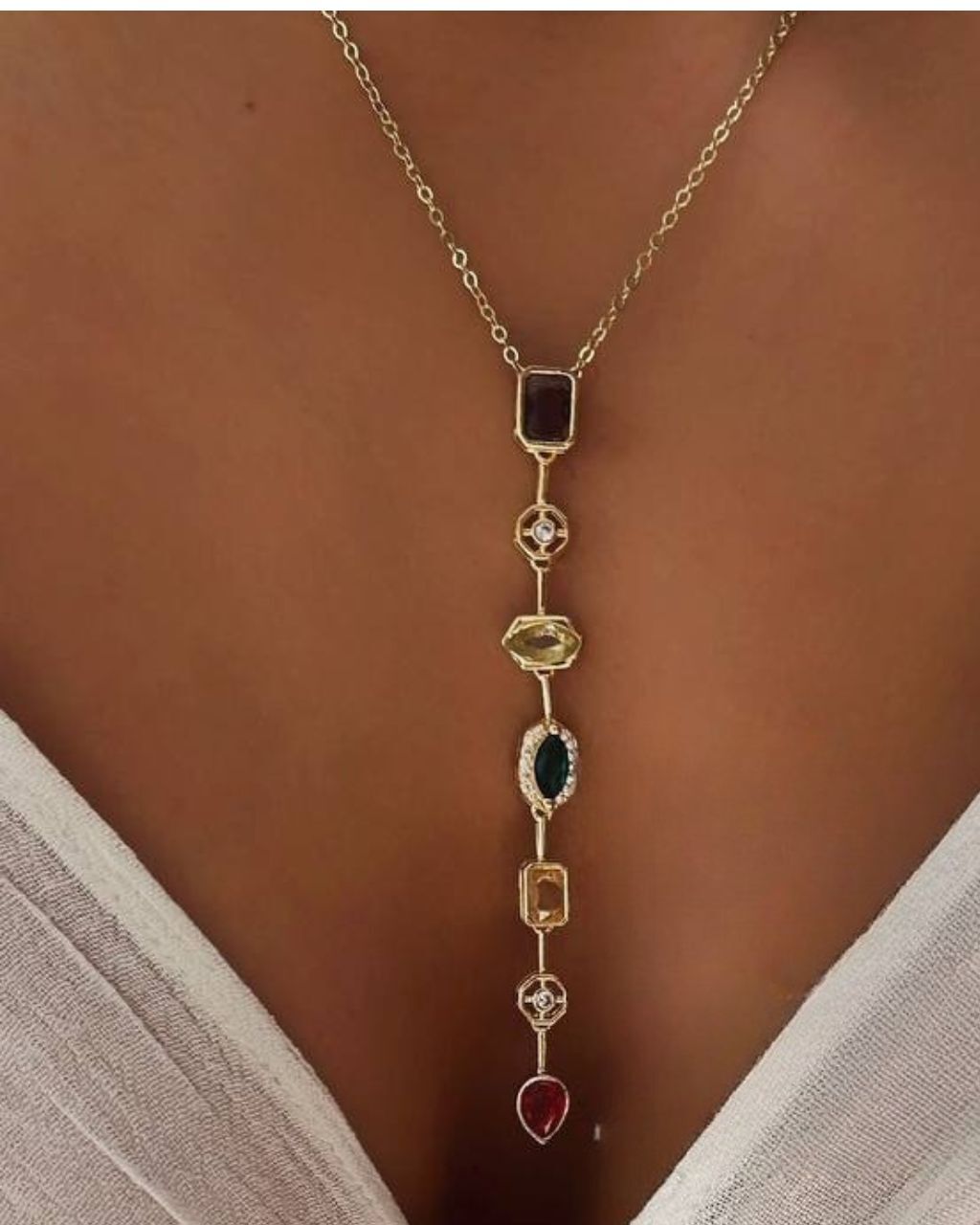 گردنبند کراواتی طلایی مولتی کالر با سنگهای رنگی در نوروژ اکسسوری
