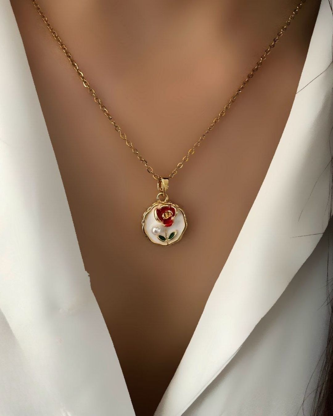  گردنبند زنانه مینا کاری طلایی با آویز دایره وگل رزقرمز در نوروژ اکسسوری 
