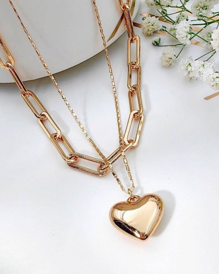 گردنبند زنانه ژوپینگ با زنجیر رولو و آویز طلایی قلب طلایی در نوروژ اکسسوری