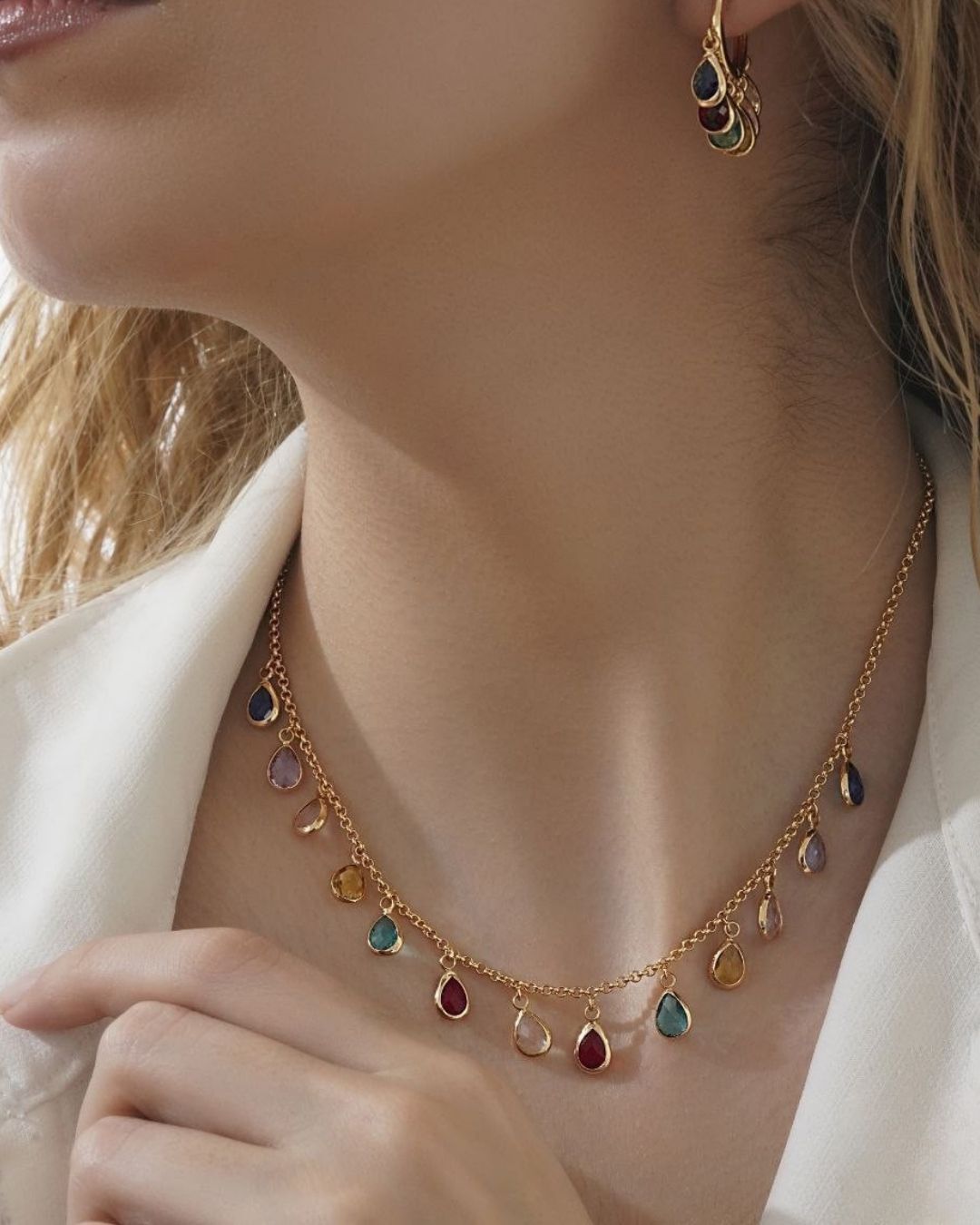  نیم ست گردنبند و گوشواره زنانه برند YSXطلایی با شرابه های اشکی رنگارنگ از سواروسکی در نوروژ اکسسوری 