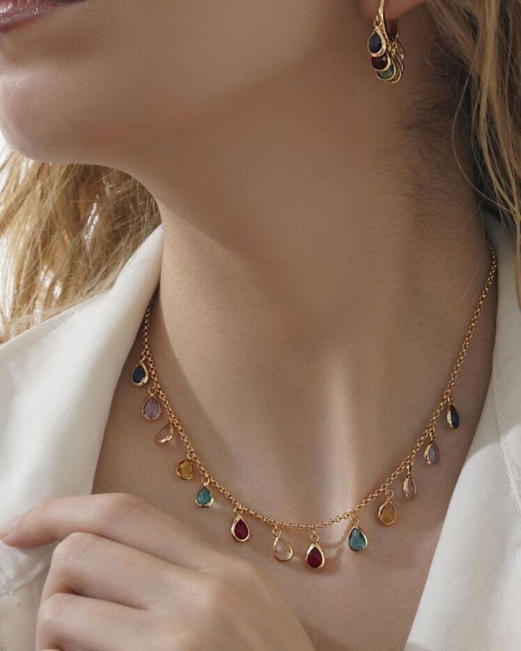نیم ست گردنبند و گوشواره زنانه برند YSXطلایی با شرابه های اشکی رنگارنگ از سواروسکی در نوروژ اکسسوری